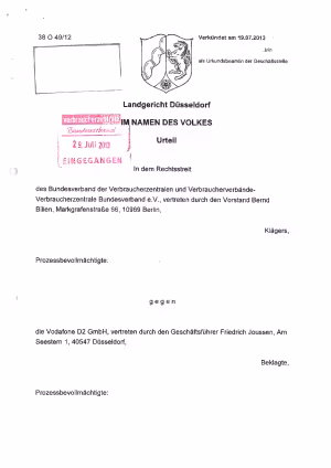 Urteil des LG Düsseldorf vom 19.07.2013, 38 O 49/12 | Telefonwerbung Vodafone