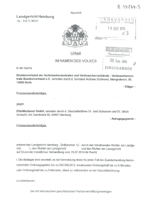 EliteMedianet, LG Hamburg vom 15.07.2014
