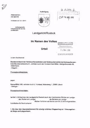 Hansa-Milch, Urteil des LG Rostock vom 12.11.2010