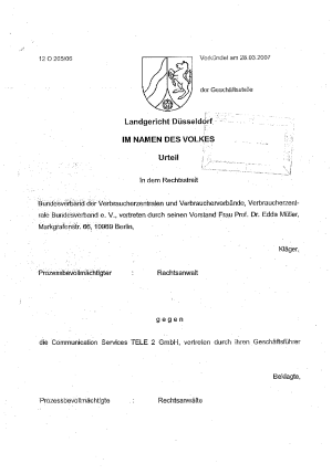 Tele2-Urteil LG Düsseldorf vom 28.03.2007