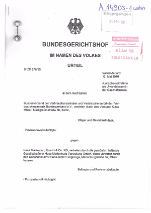 Urteil des Bundesgerichtshofs vom 12.05.2016, Az. III ZR 279/15