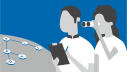 Illustration: Zwei Menschen überwachen einen Algorithmus mit Ferngläsern