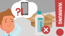 Symbolbild Verbraucherwarnung: Grafik mit Person mit Smartphone in Denkblase und Lieferbox mit Shampoo