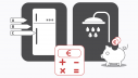 Illustration mit folgenden: ein Taschenrechner, das Energielabel eines Kühlschranks, ein Duschsymbol, ein Sparschwein