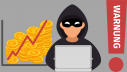 Symbolbild Verbraucherwarnung: Grafik mit krimineller Person am Laptop, daneben Geldmünzen mit steigendem Graphen