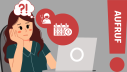 Symbolbild Verbraucheraufruf: Grafik mit Frau vorm Laptop, daneben schweben Arzt- und Kalendersymbole mit Fragezeichen