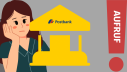Grafik zeigt eine Frau, die grübelnd auf das Symbol der Postbank blickt, das neben ihr abgebildet ist.