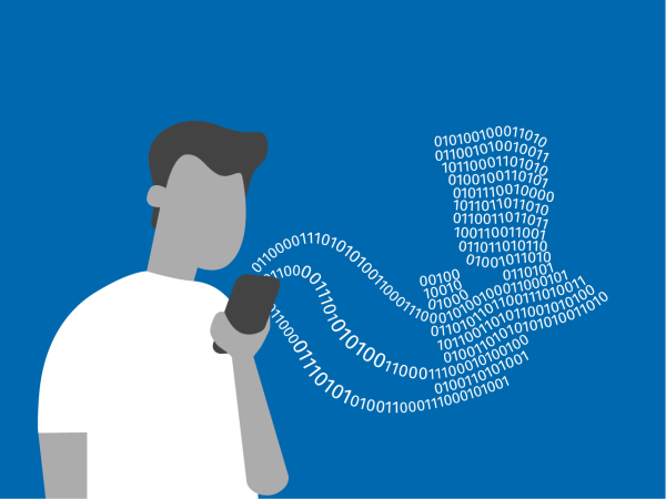 Illustration: Aus dem Smartphone eines Mannes fließt ein Ebenbild seiner selbst aus Nullen und Einsen