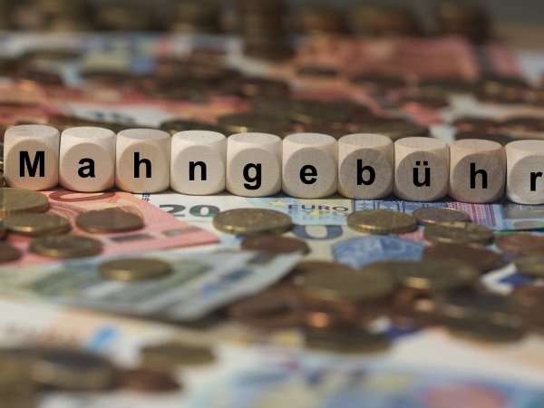 Holzwürfel mit Buchstaben (Mahngebühr) im Hintergrund mit Geld, Geldscheine