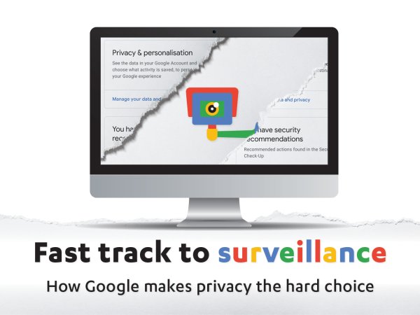 Monitor showing a CCTV camera. Below: Fast track to surveillance. How Google makes privacy the hard choice