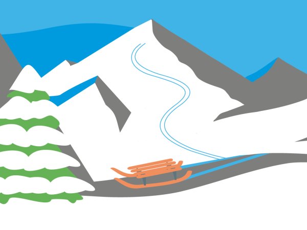 Zu sehen ist der Weihnachtsgruß 2023: Unter blauem Himmel sind schneebedeckte Berge. Im Mittelgrund befindet sich ein Schlitten im Vordergrund ein Tannenbaum. 