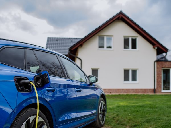e-Auto vor Einfamilienhaus