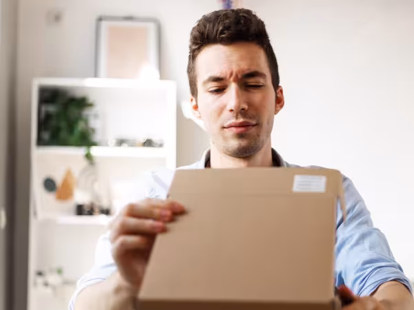 Mann klappt den Deckel eines Pakets auf und runzelt die Stirn