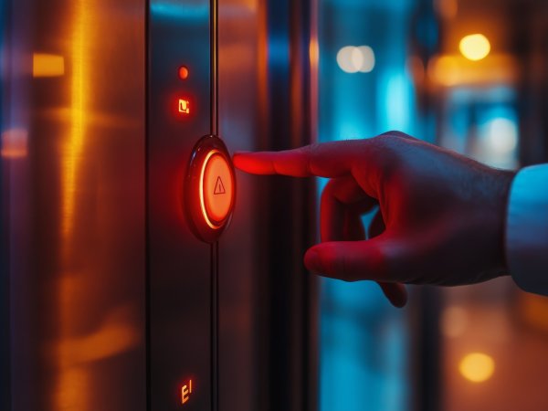 Eine Person drückt mit den Finger auf einen Notknopf in einem Fahrstuhl