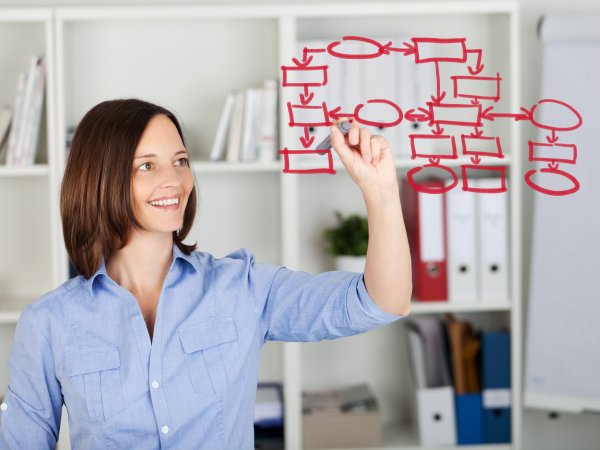 Zu sehen ist eine junge Frau in Frontalansicht. Sie zeichnet mit einem roten Stift ein Organigramm auf eine durchsichtige Fläche im Vordergrund. Das Organigramm besteht aus Ovalen und Rechecken, die mit Linien verbunden sind. Im Hintergrund sind Regale mit Akten und Büchern zu sehen.