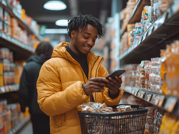 Mann checkt Supermarktapp