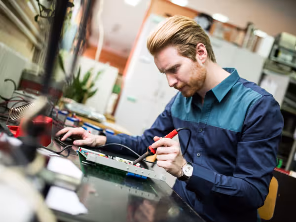 Ein Mann repariert eine Platine