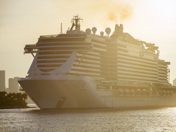 Kreuzfahrtschiff im Hafen mit laufenden Motoren. Foto: lazyllama - Adobe Stock