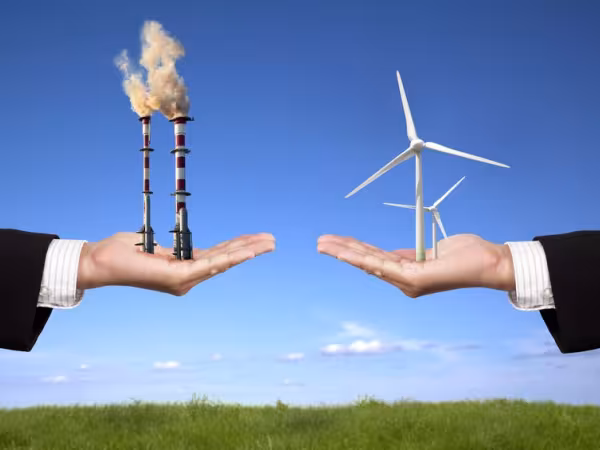 In einer Hand befindet sich ein Kohlekraftwerk, in der anderen ein Windpark 