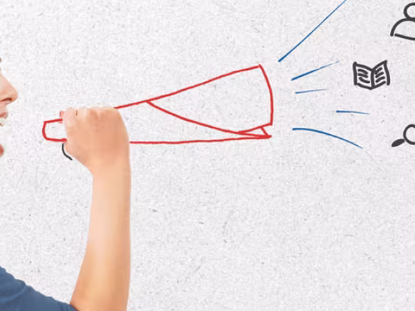 The graphically edited photo shows a woman in half-profile. She is holding a drawn whisper bag in her hand. Icons for a newspaper, flags, paragraph signs and a magnifying glass flow out of the whispering bag. 